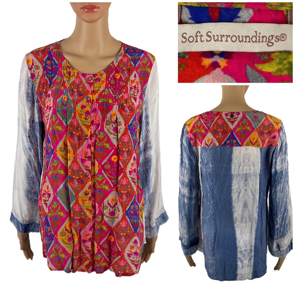 Soft Surroundings Medium Diamond Floral Blouse Button Front Tie Dye Sleeves